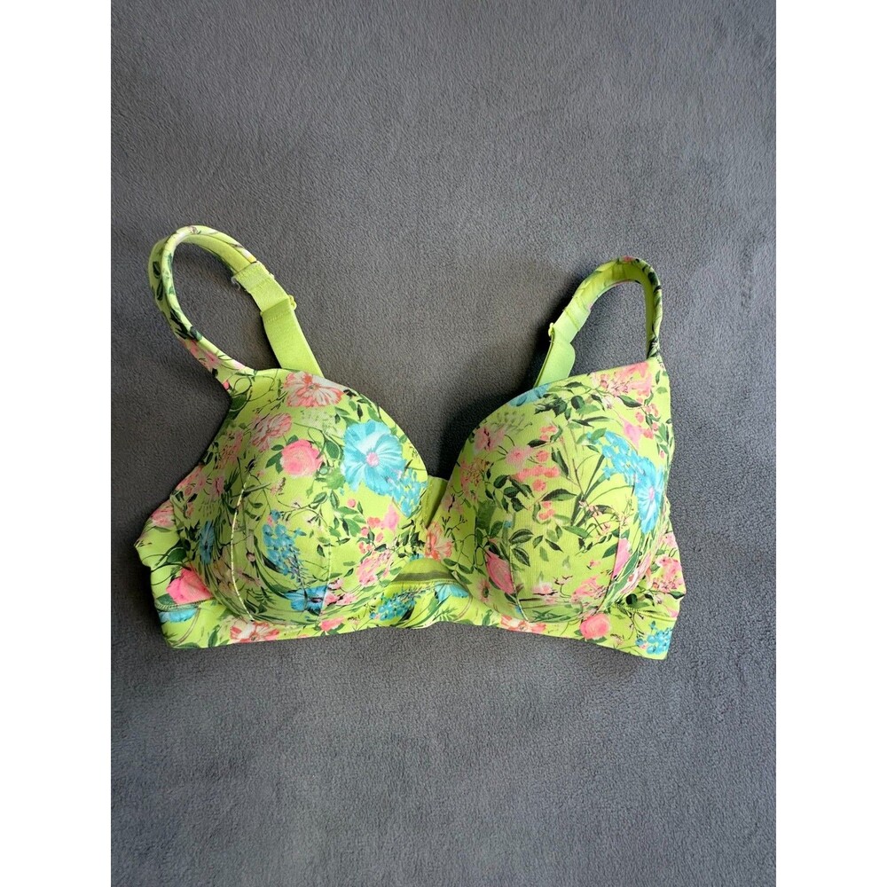 Cacique 40D Bra lime Green Floral Lightly Lined Plunge Underwire Back Closure